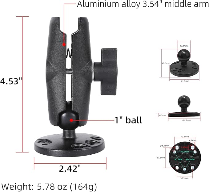 1" Ball Double Socket Arm with AMPS Hole Round Plate Base, Aluminum Alloy - Image 2