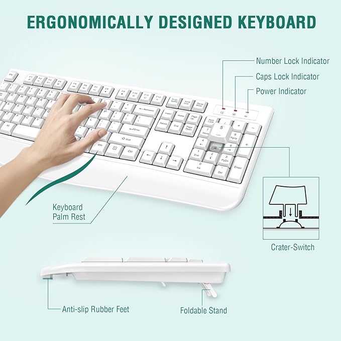 EDJO Wireless Keyboard, 2.4G Ergonomic Full Size Wireless Computer Keyboard - Image 2