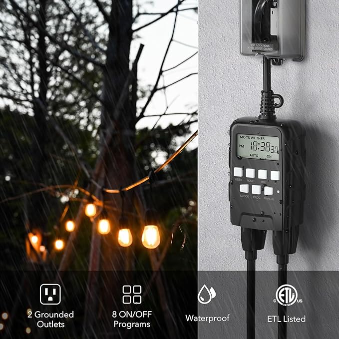 BN-LINK 7 Day Outdoor Heavy Duty Digital Programmable Timer, Dual Outlet - Image 3