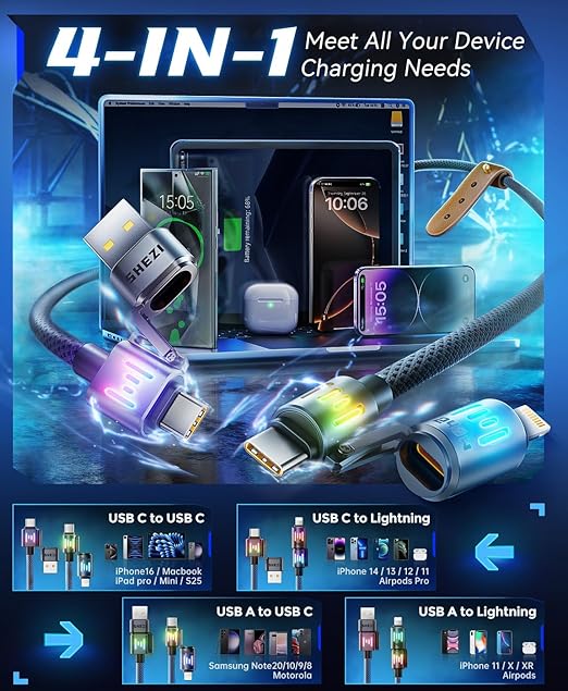 SHEZI 4-in-1 USB C Cable Nylon iPhone Charger Cord - Image 4