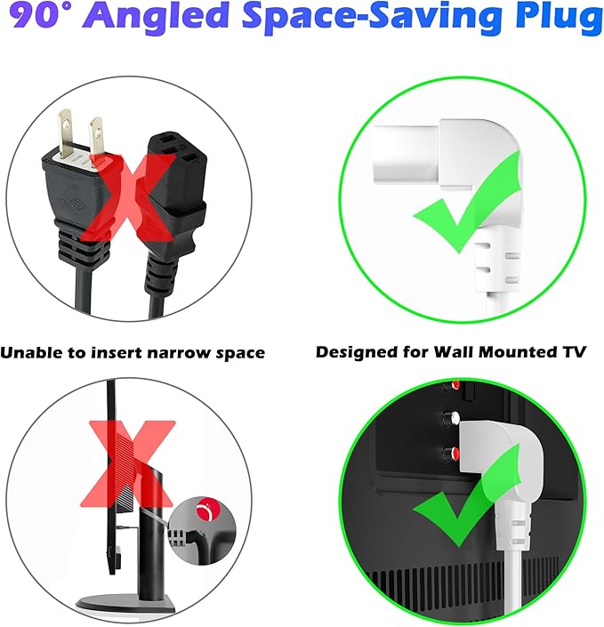 Adoreen 15 Ft Computer TV Replacement Power Cord White, 90 Degree Angled - Image 2