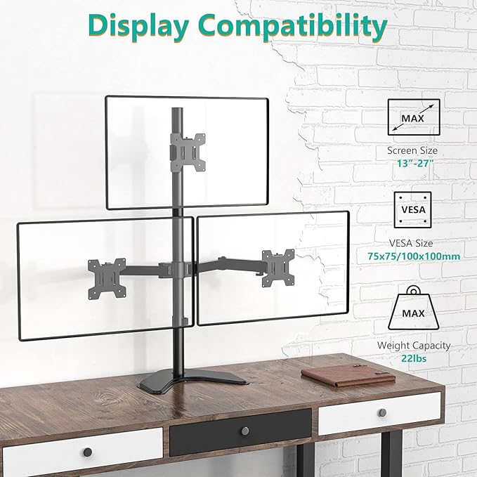 WALI Triple Monitor Stand, Free Standing Three Monitor Desk Mount Fully - Image 3
