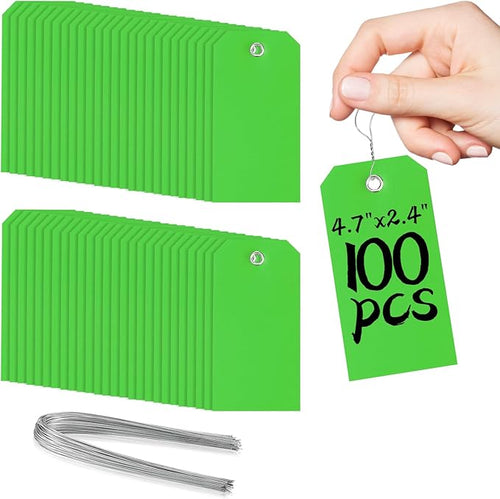 100 Pcs Green Tags with Wires Waterproof Writable Hang Tags with String by XUWAIDSGN