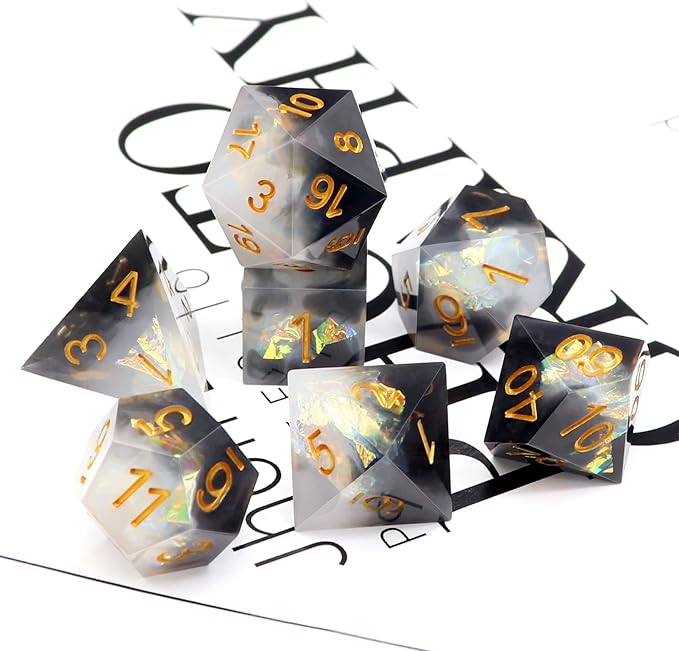 Haxtec Sharp Edge Dice Set DND Dice Black and White Resin Dice Iridecent Mylar - Image 6