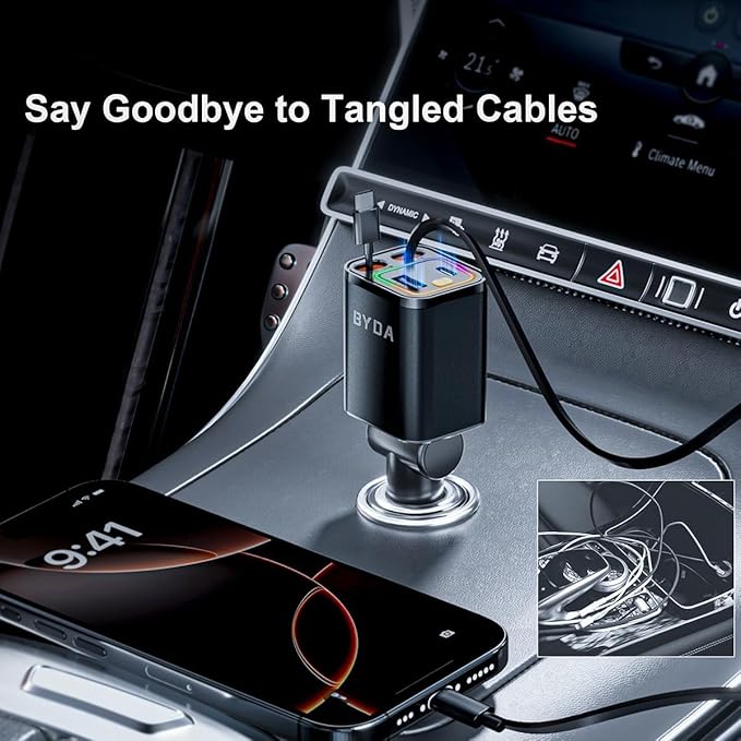 4 in 1 Retractable Car Charger, 69W Car Charger USB C, Cigarette Lighter Adapter - Image 2