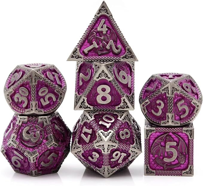 PJOY Metal DND Dice Set with Dice Case Antique Silver Purple Dragon D&D by PJOYDice