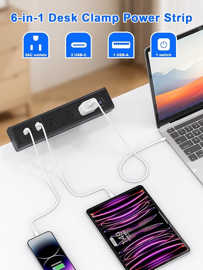 Desk Clamp Power Strip with 65W USB-C&USB A Ports 3 AC Outlet, Nightstand Edge - Image 6