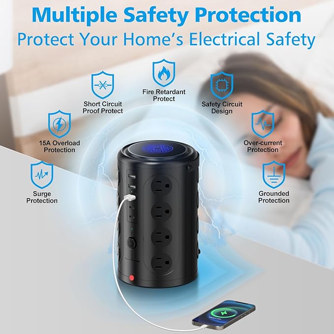 Tower Power Strip with 15W Wireless Charger, 20FT Extension Cord with Multiple - Image 5