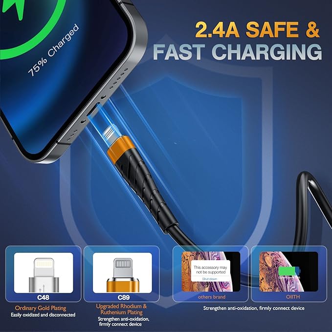 OIITH Apple MFi Certified iPhone Charger Cable 3 Pack 6 Ft, Long Lightning - Image 3