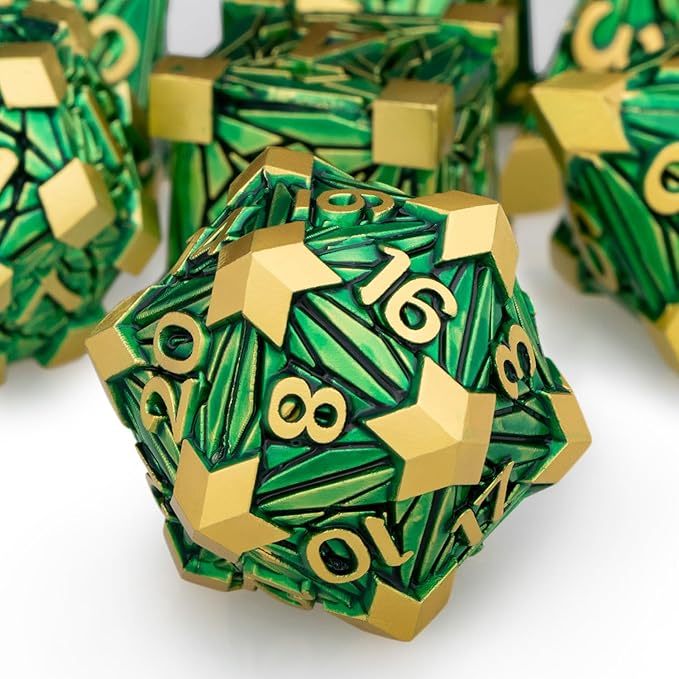 Metal DND Dice Set with Box, Debris RPG Green Golden D and D Dice by ORIFANTOU