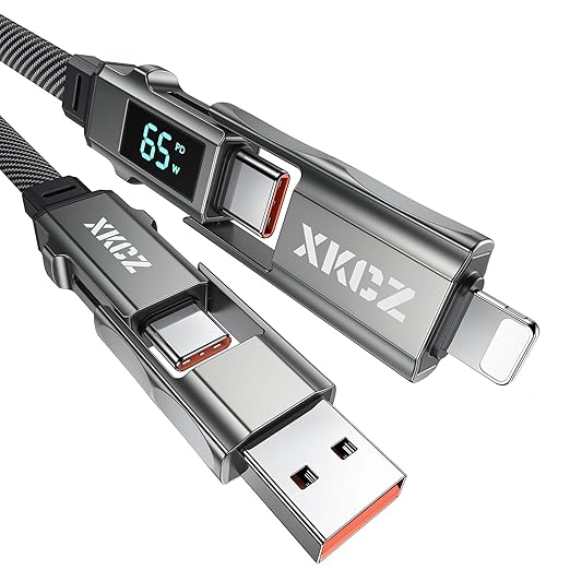 4 in 1 USB C Cable with Wattage Display, 65W Flat Nylon Braided Multi Charge by XKCZ