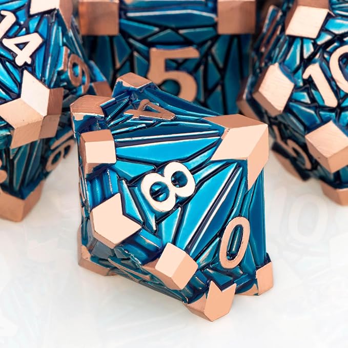 7PCS Metal DND Dice Set with Box, Debris RPG Copper Blue D and D Dice - Image 4
