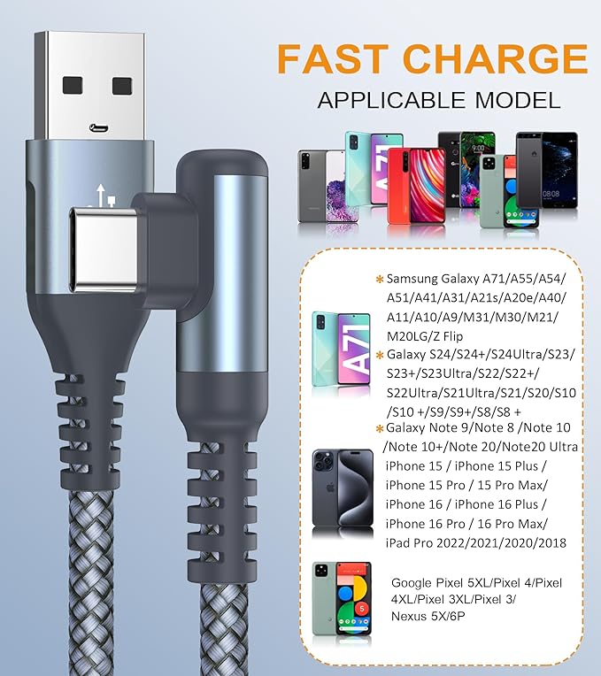 sweguard USB C Cable Right Angle, USB Type C iPhone 16 Charger Cable Nylon - Image 3