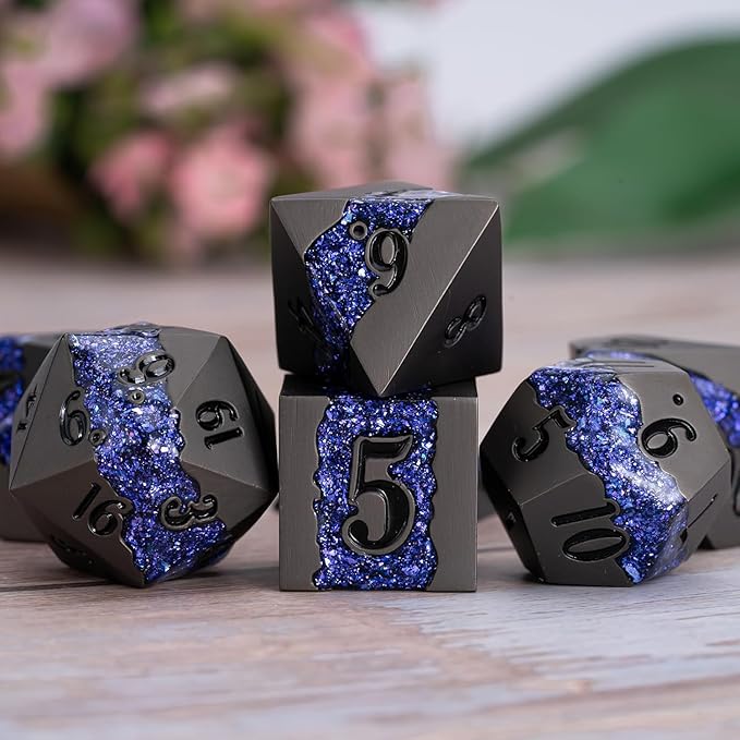Metal DND Polyhedral Dice, Large Stripe Glitter Metallic Dice Set, Antique - Image 3