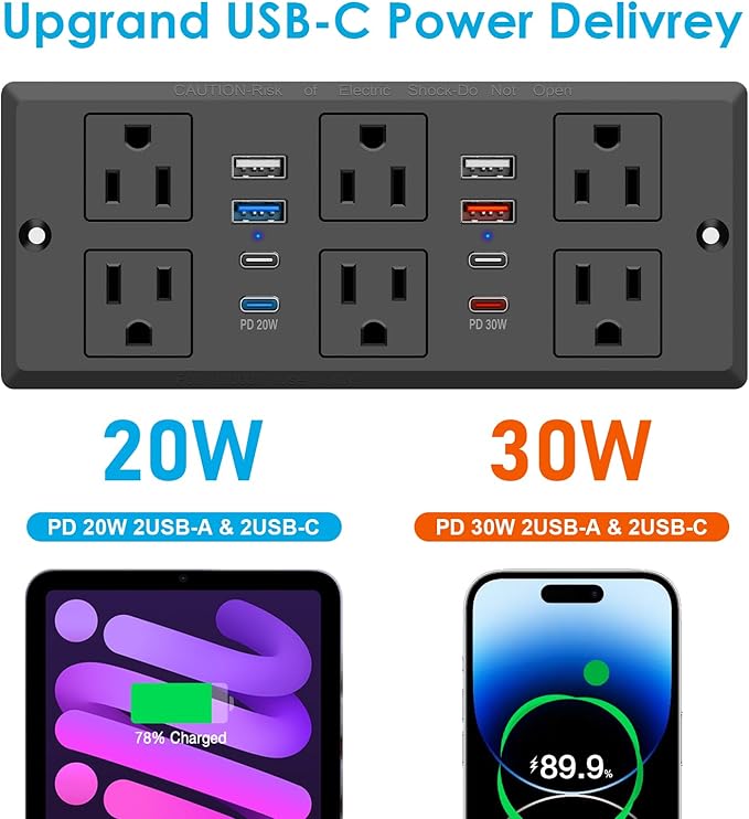Recessed Power Strip, 30W PD USB-C & USB-A Fast Charging, Drawer Outlet Plug in - Image 9