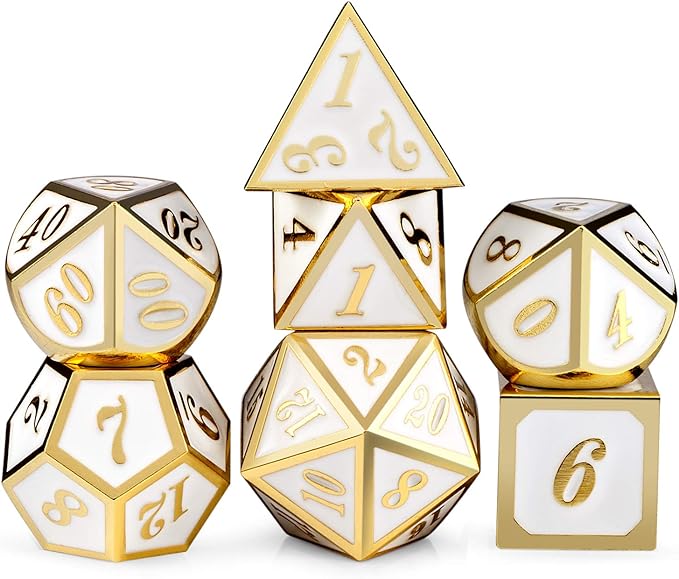 DnDnD White with Gold Number DND Dice Sets, Solid Metal Die with Free Gorgeous by DNDND