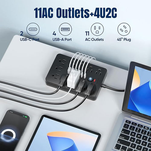 10 FT Flat Plug Surge Protector Power Strip, 11 Multiple AC Outlets - Image 2
