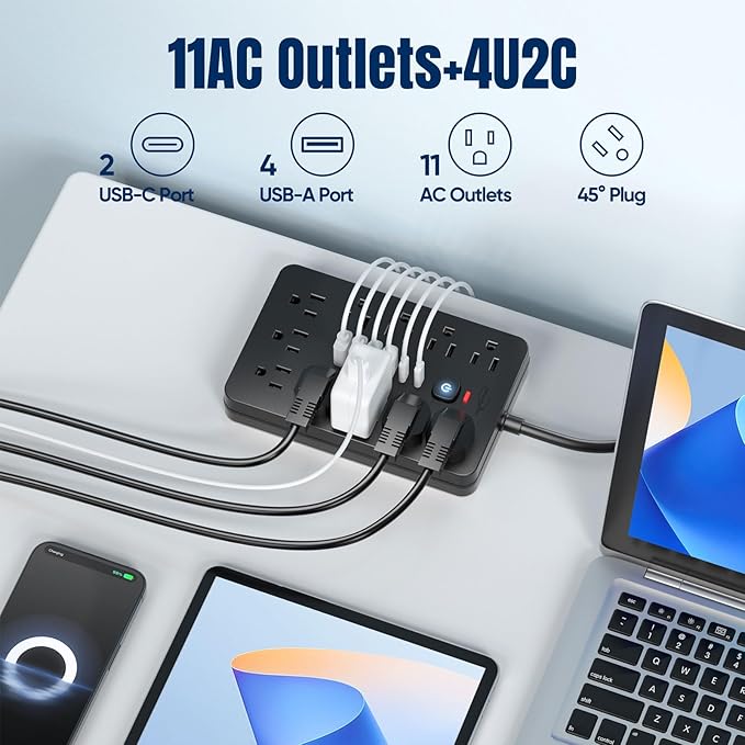 2PCS 5 FT Flat Plug Surge Protector Power Strip, 11 Multiple AC Outlets - Image 2
