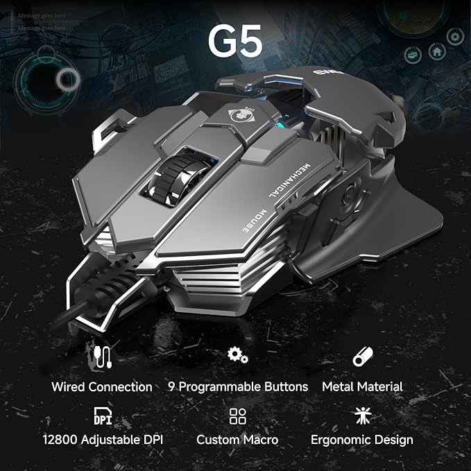 EWEADN G5 Wired Gaming Mouse, Ergonomic RGB Computer Mouse, 12800 Adjustable DPI - Image 2