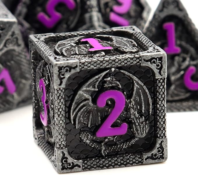 Haxtec Metal DND Dice Set Black Purple Dragon Pattern D&D Dice Set by HaxtecDice