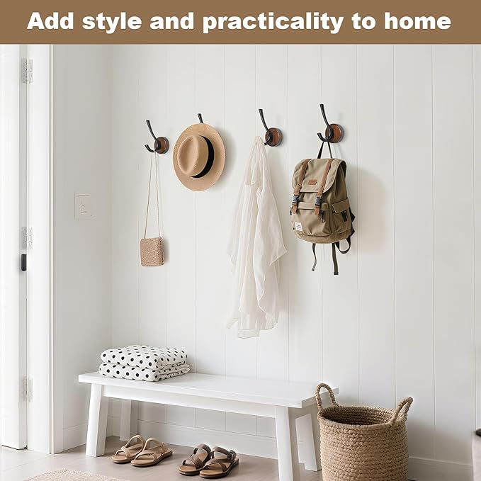 kuaima Coat Hooks Wall Mount, Round Walnut Wood Wall Hanger - Image 2