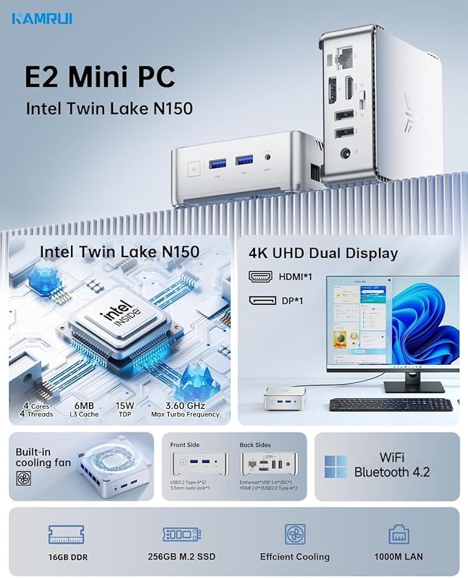 KAMRUI Essenx E2 Mini PC Computers 11 Pro Twin Lake N150, 8GB RAM 256GB M.2 SSD - Image 9