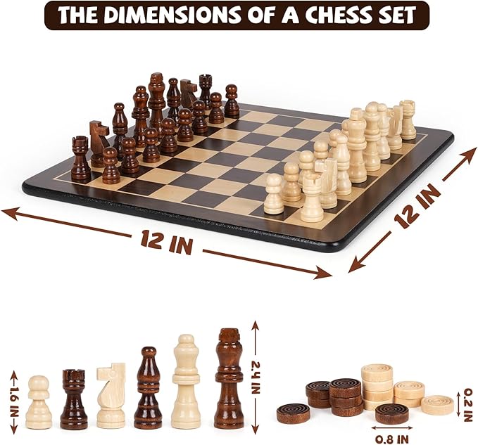 3-in-1 Wooden Chess, Backgammon Set and Checkers Set- 12 Inch Portable Board - Image 5