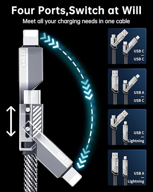 SHEZI 4-in-1 USB C Cable 240W 5FT Flat Nylon Braided Multi Charger Cord Wire - Image 3