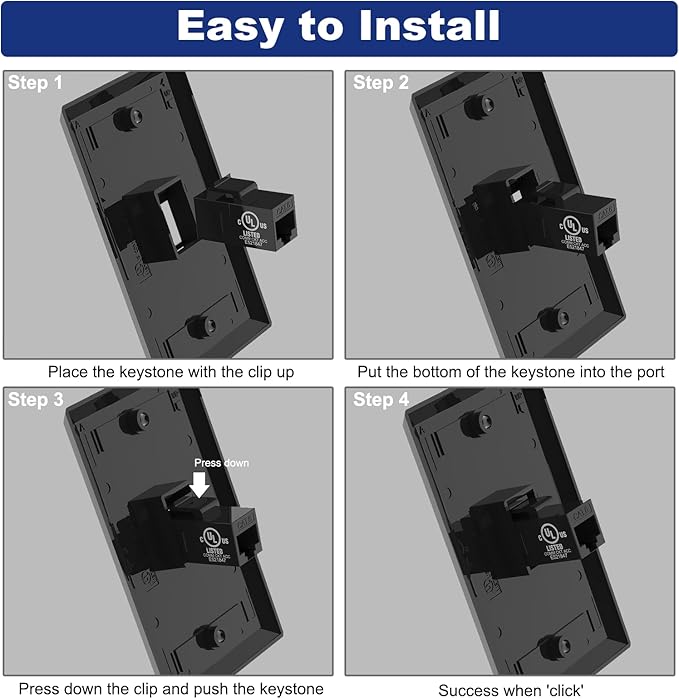 VCE Black Ethernet Wall Plate, 1-Port CAT6 Wall Plate and Jack, RJ45 Keystone - Image 6