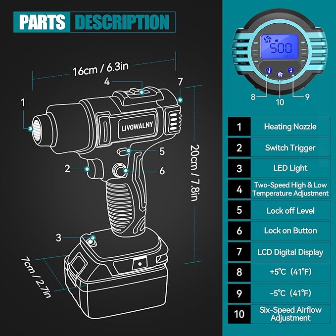 LIVOWALNY Cordless Heat Gun Compatible - 350W 122℉-1022℉ Adjustable Portable - Image 2