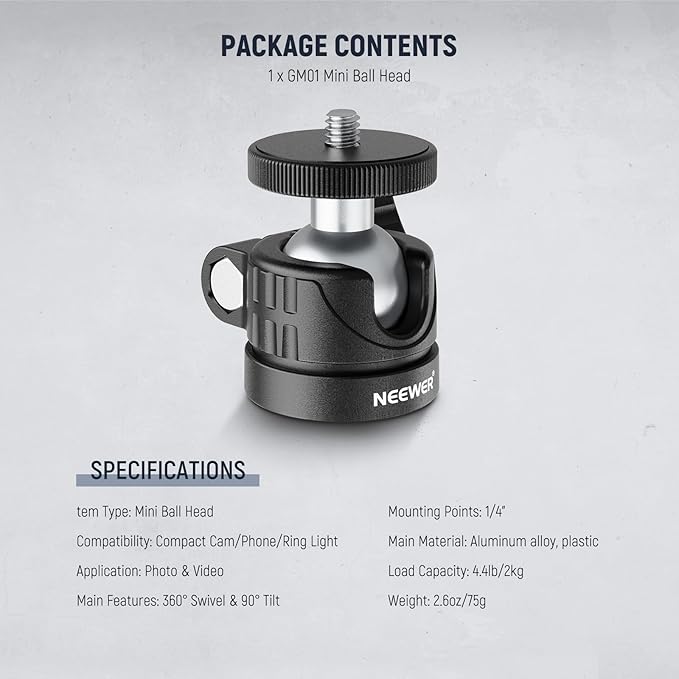 NEEWER Basic Mini Ball Head, Portable Tripod Head Camera Mount Adapter - Image 7