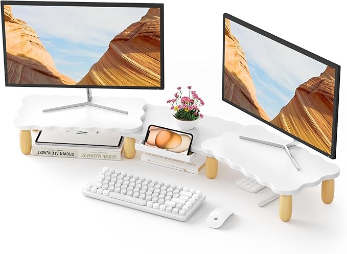Dual Monitor Riser, Cookie-Shaped Adjustable Length & Swivel Angle, Wooden by AFOOYO