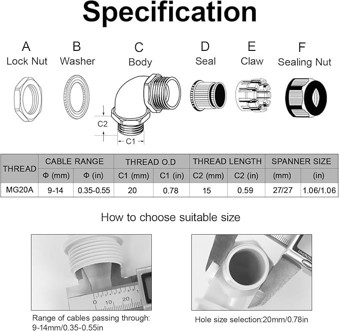 LeMotech M20 Cable Gland, 90 Degree Adjustable 9-14mm Strain Relief, Cord - Image 2