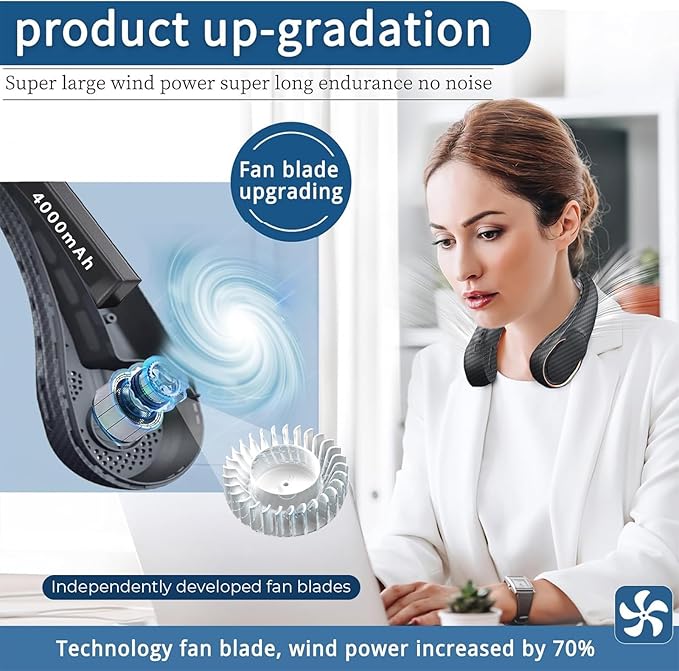 Neck Fan, Bladeless Neck Fan, 4000 mAh Rechargeable Personal Fan, 360° Hands - Image 2