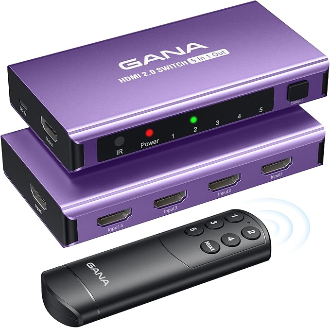 HDMI Switch 5 in 1 Out 4K@60Hz, GANA HDMI Splitter Switcher by GANA