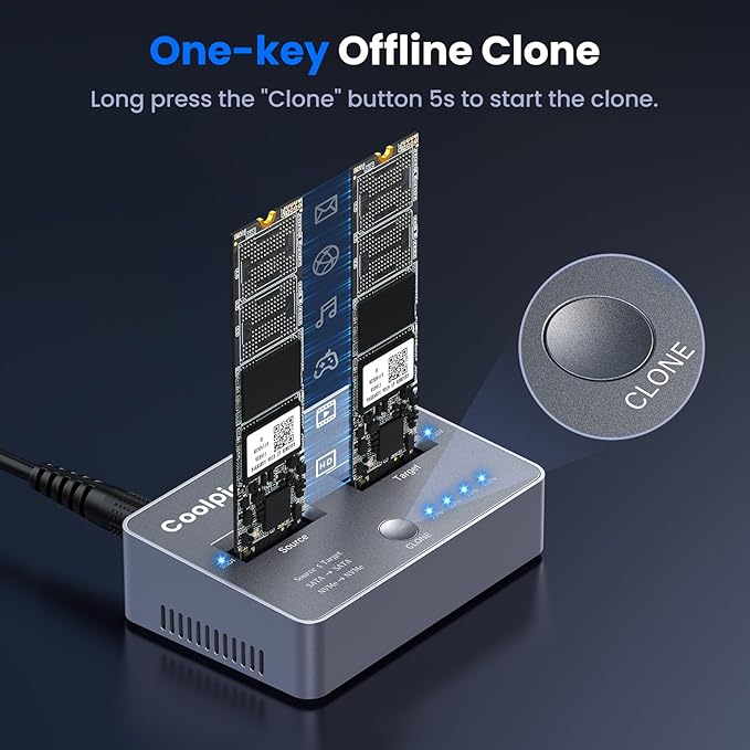 M.2 NVME/SATA Duplicator, Coolpie CR121 Dual-Bay Offline Clone M.2 NVME/SATA - Image 2