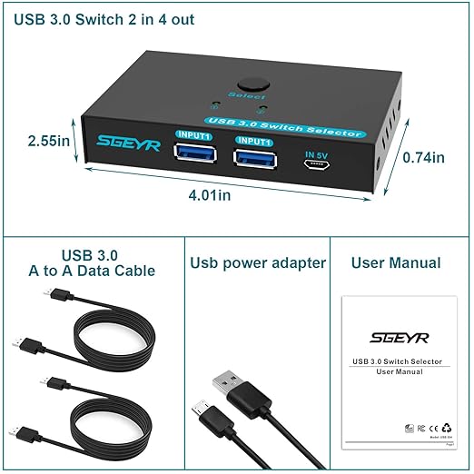 SGEYR USB 3.0 Switch USB Switcher 2 Computers Sharing 4 USB Devices USB Metal - Image 7