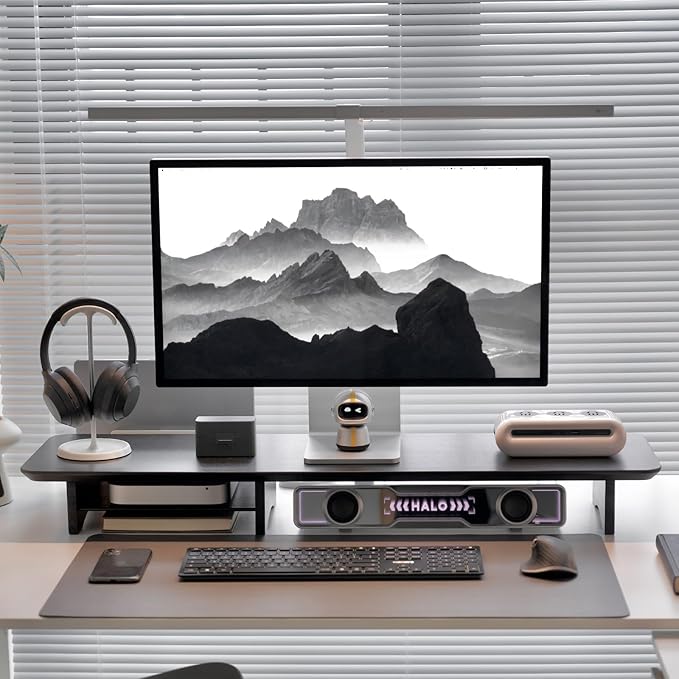 Bamboo Dual Monitor Stand Riser Black, 2-Tier Desk Monitor Riser - Image 2