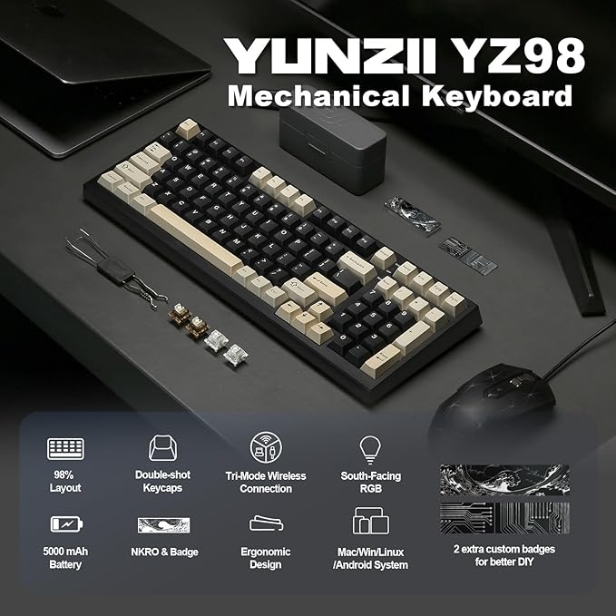 YUNZII YZ98 Gasket Mechanical Keyboard, 99 Key Hot Swappable BT5.0/2.4G/USB-C - Image 2