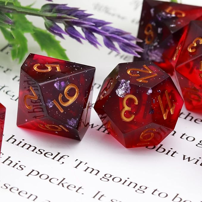 Haxtec Sharp Edge DND Dice Set Purple Red Resin Dice Silver Flakes D&D Dice - Image 3