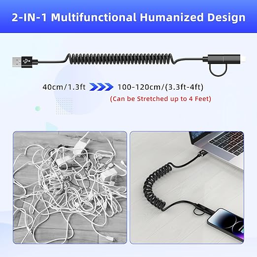 USB to USB-C and Lightning Cable Combo 2 in 1 Coiled Cable Support Apple - Image 7