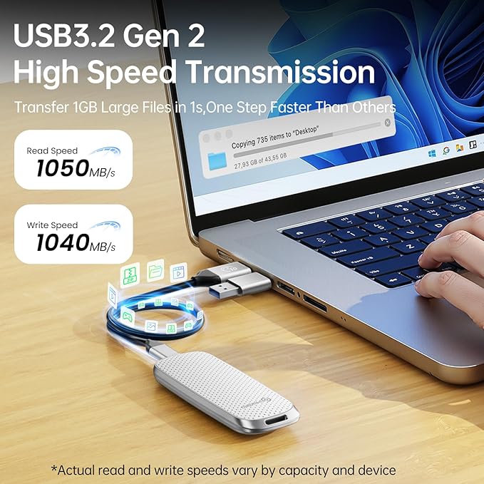 PHIXERO P10PRO External NVMe SSD 2TB, USB 3.2 Gen2, Includes 2-in-1 USB C Cable - Image 2