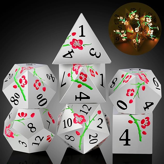 Metal DND Dice, DNDND 7 PCS Glow in The Dark Metallic D&D Dice Set by DNDND