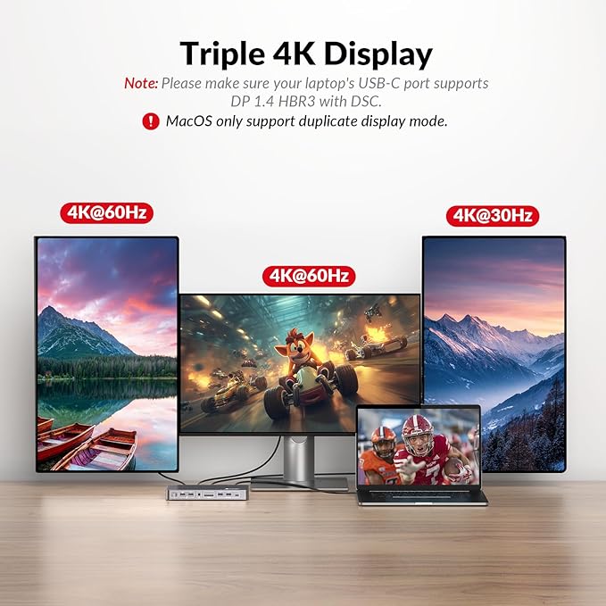 Docking Station Triple Monitor, 100W Laptop Charging, 10Gbps USB-C/A, Plug & - Image 3