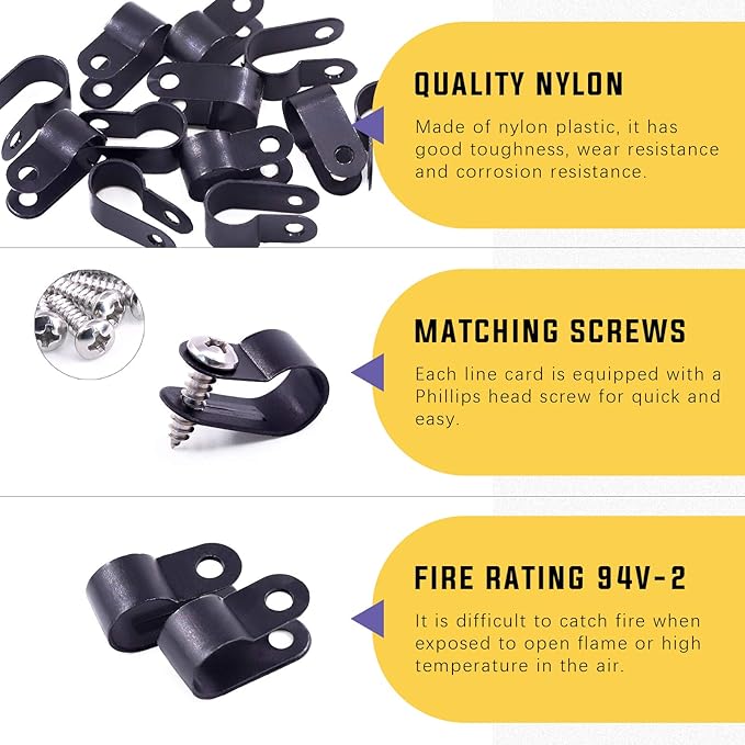 Swpeet 120 Pack Black 3/8 Inch Nylon Plastic R-Type Cable Clips Clamp Kit - Image 3