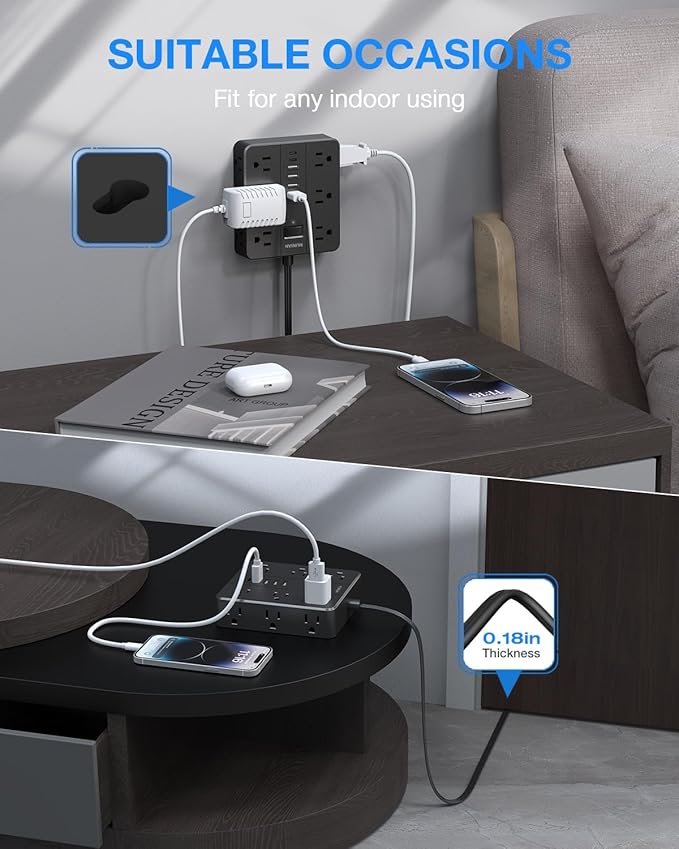 Flat Plug Surge Protector Power Strip, HUNIAN 12 Widely Spaced Outlets - Image 5
