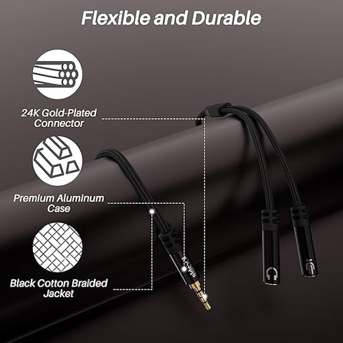 1/8inch Aux Headphone Splitter 2 Way Cable 1FT, 3.5mm 1 Male to 2 Female Mic - Image 2