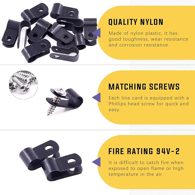 Swpeet 120 Pack Black 1/4 Inch Nylon Plastic R-Type Cable Clips Clamp Kit - Image 3