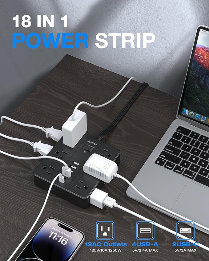 Flat Plug Surge Protector Power Strip, HUNIAN 12 Widely Spaced Outlets - Image 2