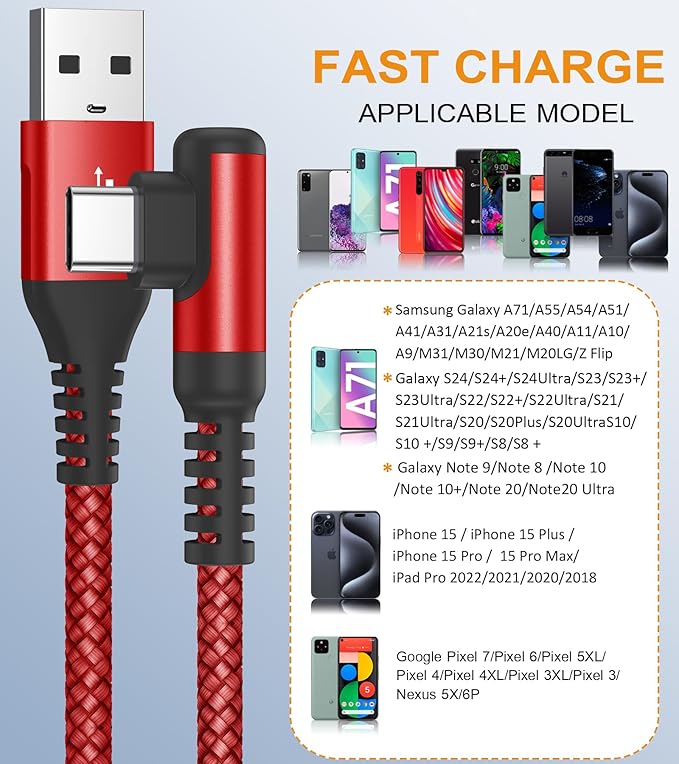 sweguard USB C Cable Right Angle, USB Type C iPhone 16 Charger Cable Nylon - Image 2